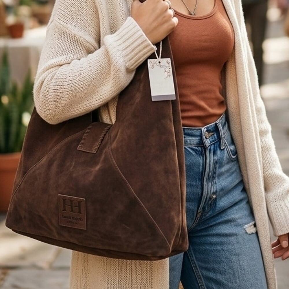 Haute Hippie NEW Triangle suede hobo shoulder bag brown100% leather NWT bohemian - Picture 1 of 9